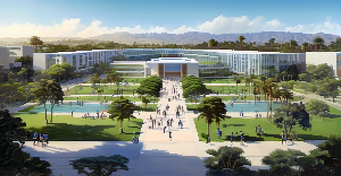 A wide view of UC San Diego's campus featuring contemporary buildings and vibrant greenery with students enjoying the outdoors.