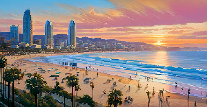 Aerial view of San Diego's coastline at sunset with people on the beach and city skyline in the background.