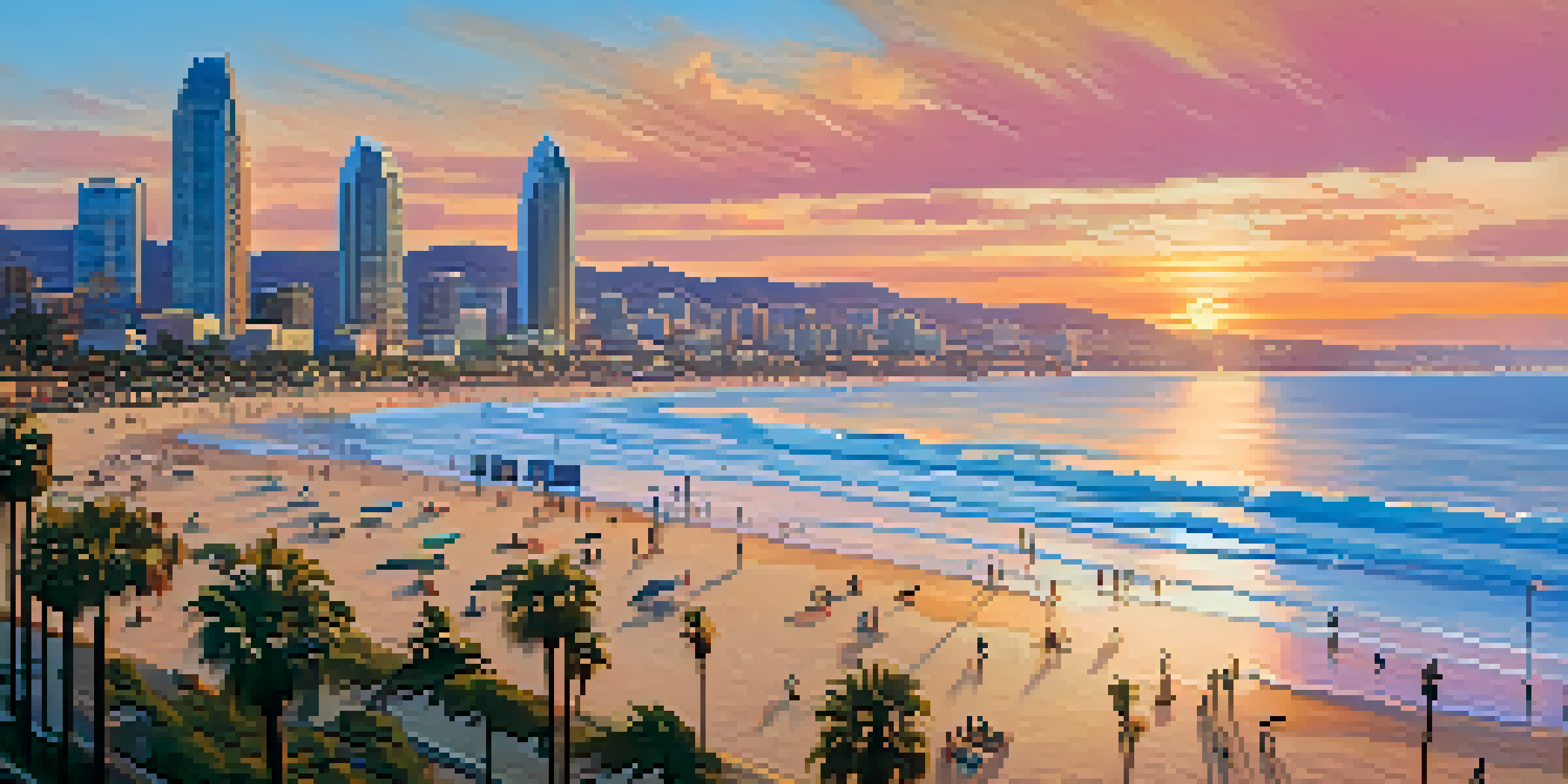 Aerial view of San Diego's coastline at sunset with people on the beach and city skyline in the background.