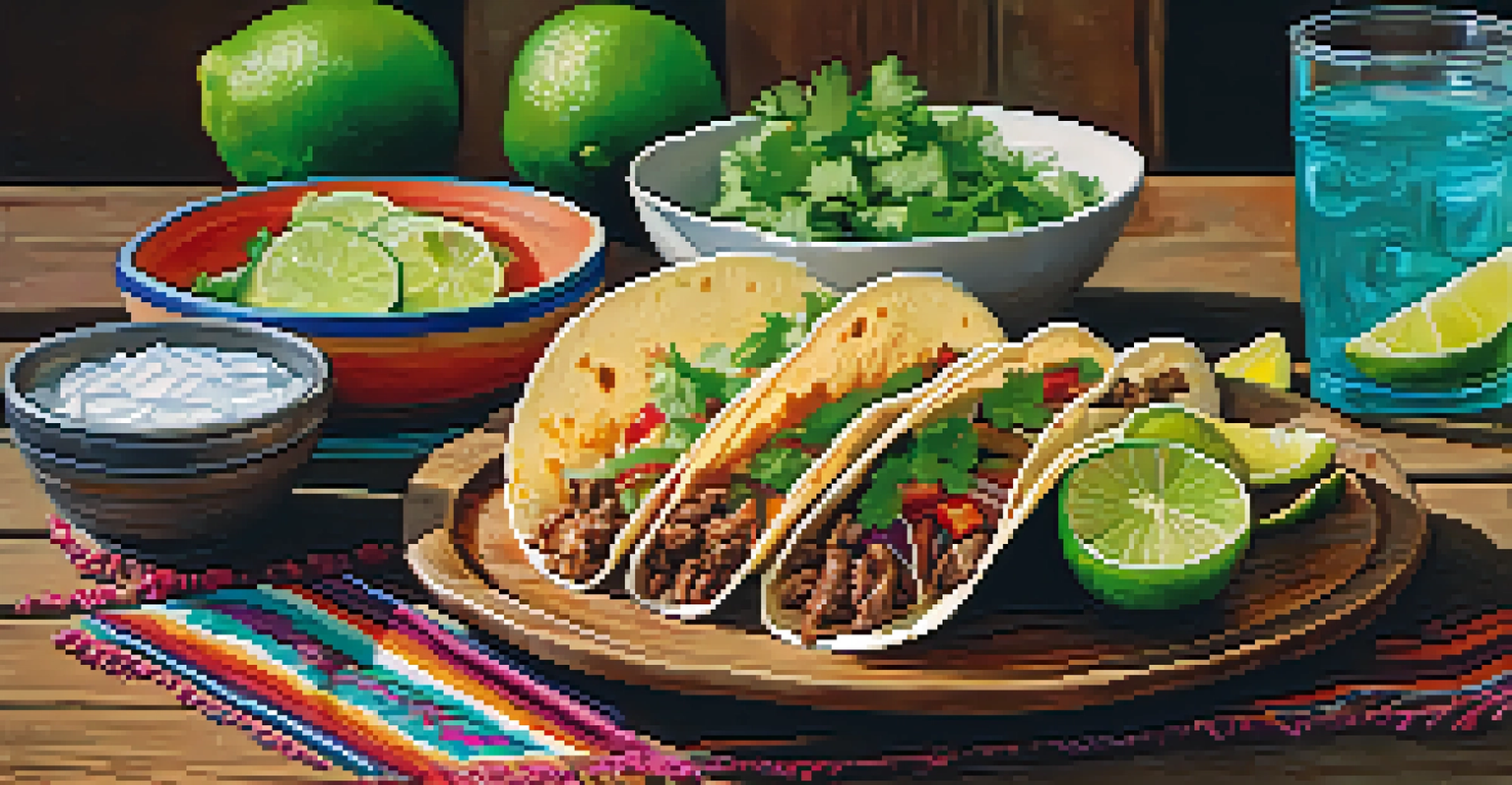 A beautifully arranged plate of traditional Mexican tacos with carne asada, garnished with cilantro and lime, on a rustic wooden table next to a glass of agua fresca.