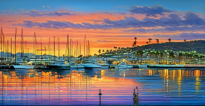 A scenic sunset over San Diego's coastline with naval ships and palm trees.