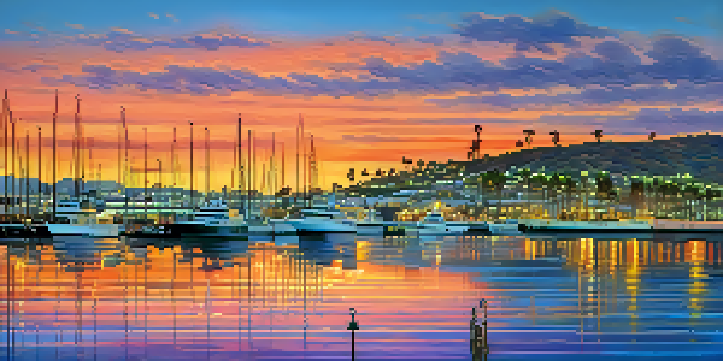 A scenic sunset over San Diego's coastline with naval ships and palm trees.
