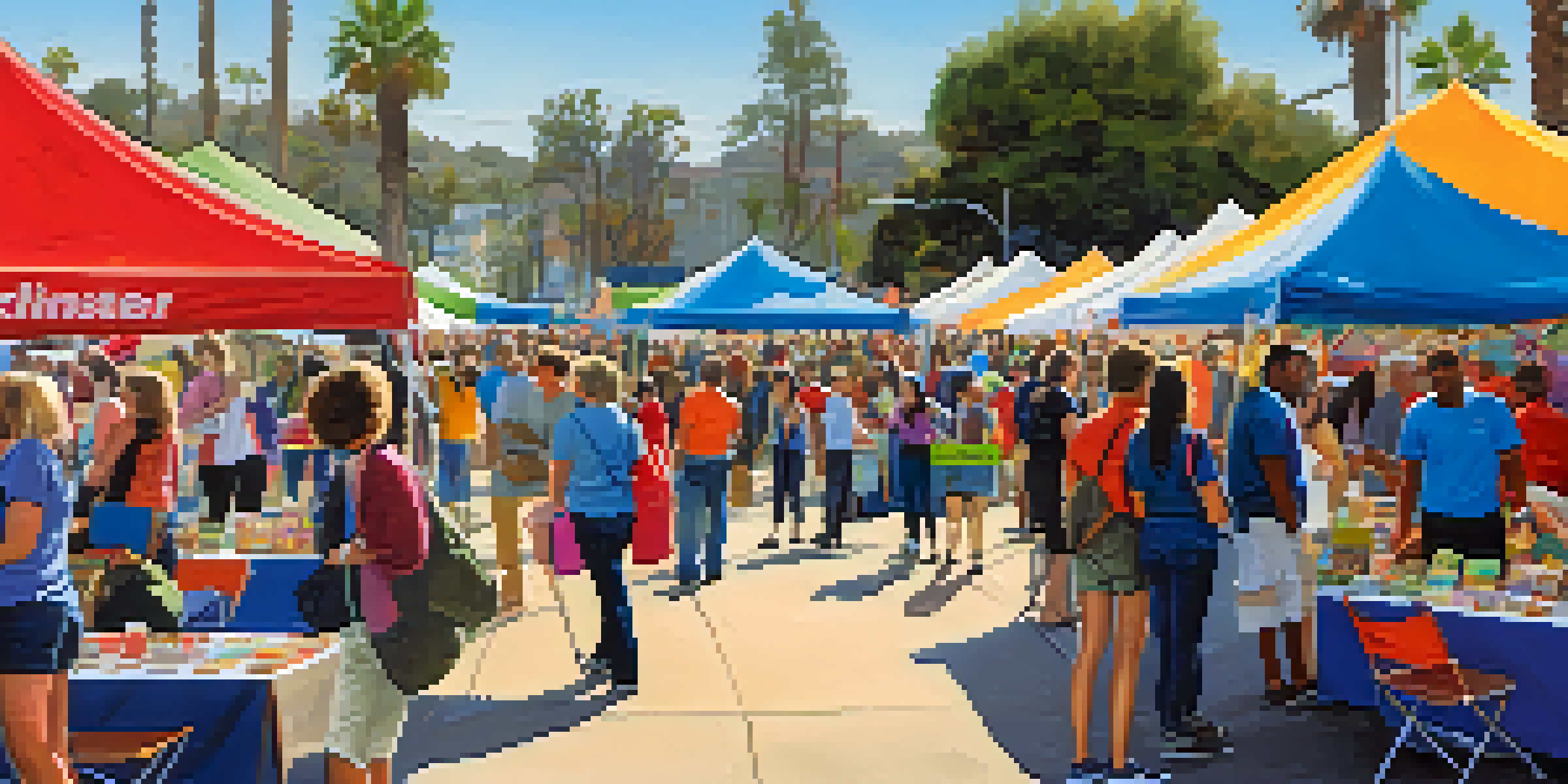 An outdoor volunteer fair in San Diego with diverse attendees engaging with nonprofit booths and colorful banners.