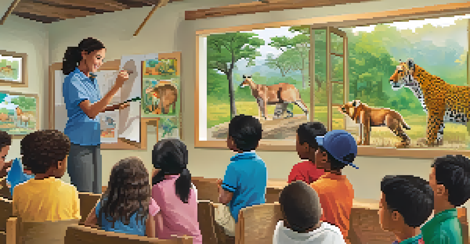 An educator showing a rescued animal to excited children during an educational program at a wildlife conservation center, surrounded by informative posters.