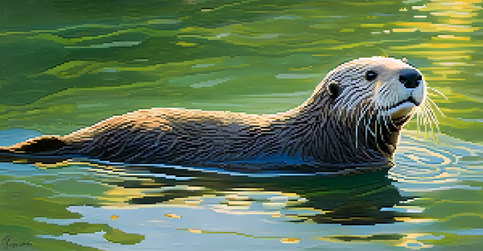 A playful sea otter floating on its back in calm waters, surrounded by kelp at La Jolla Cove during sunrise.