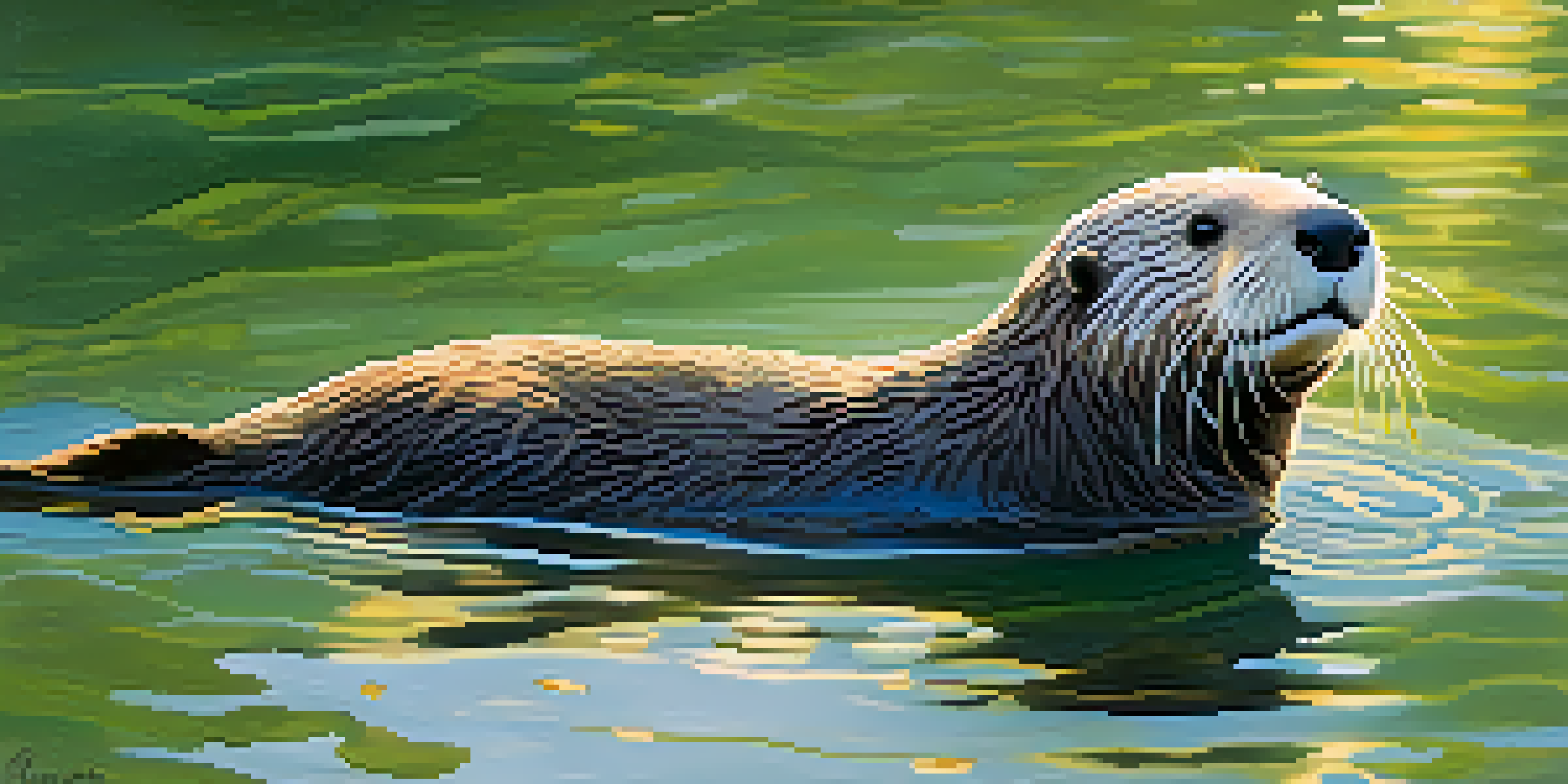 A playful sea otter floating on its back in calm waters, surrounded by kelp at La Jolla Cove during sunrise.