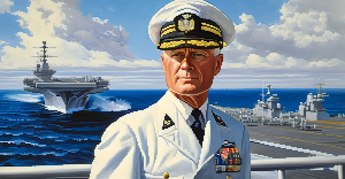 Admiral Chester Nimitz in naval uniform on an aircraft carrier deck, with the Pacific Ocean in the background and sailors in the distance.