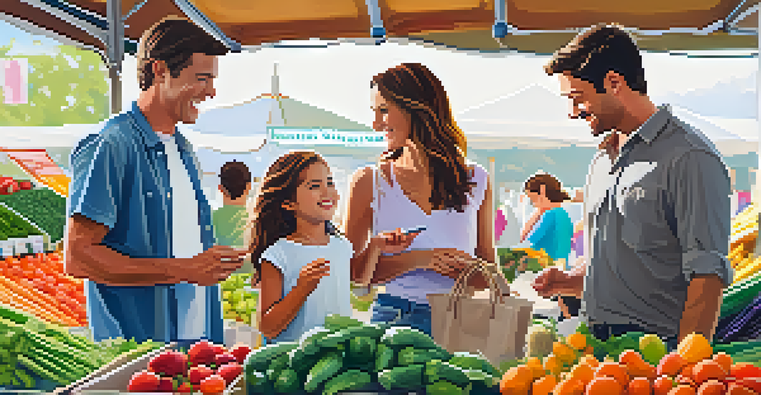 A family shopping at a farmers market, children engaged in a scavenger hunt for fruits.