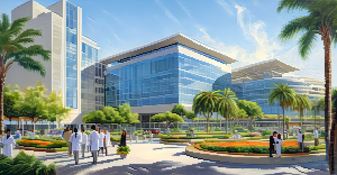 A panoramic view of San Diego's biotech district with modern research buildings, green landscaping, and professionals collaborating outside.