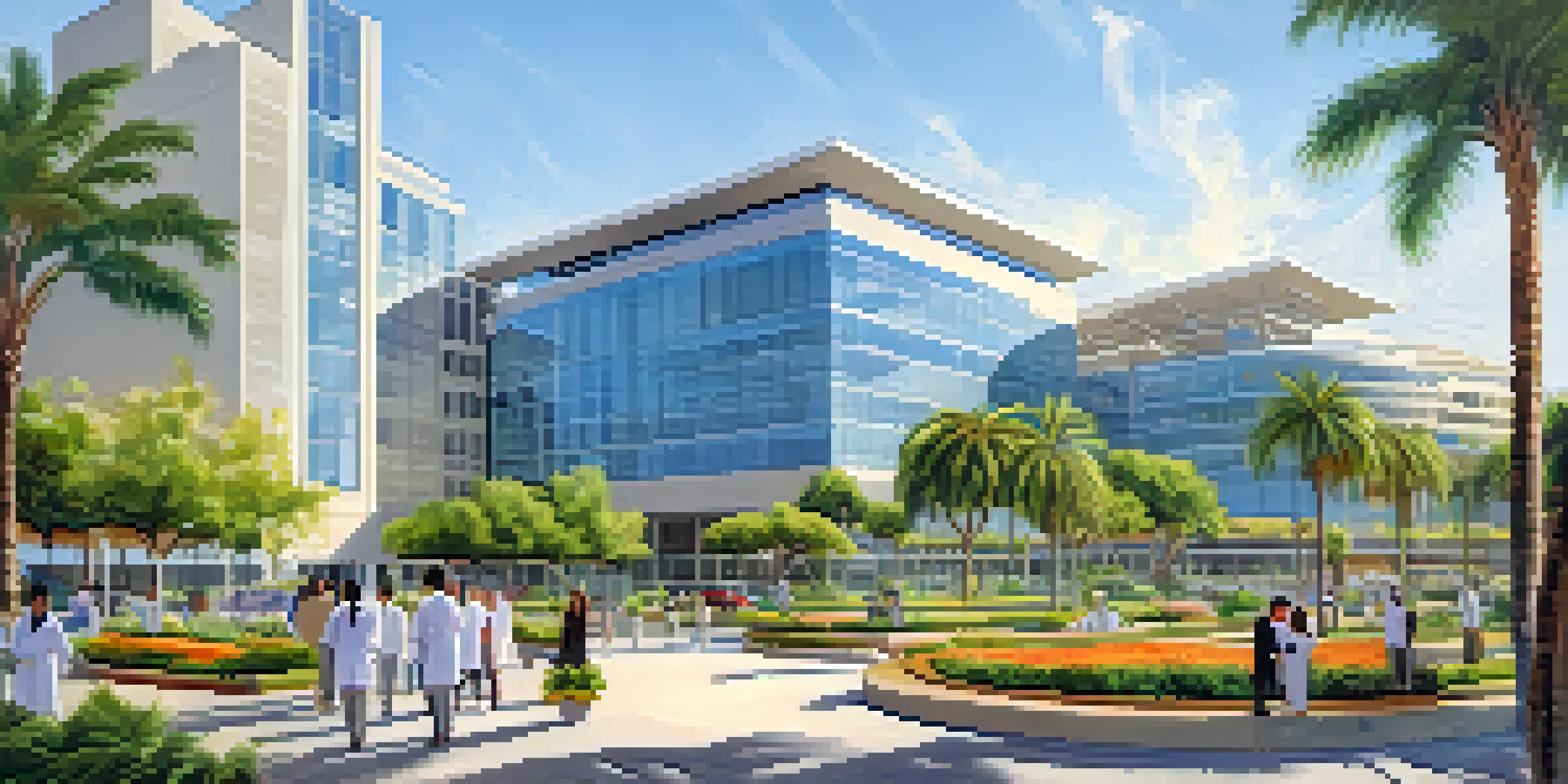 A panoramic view of San Diego's biotech district with modern research buildings, green landscaping, and professionals collaborating outside.