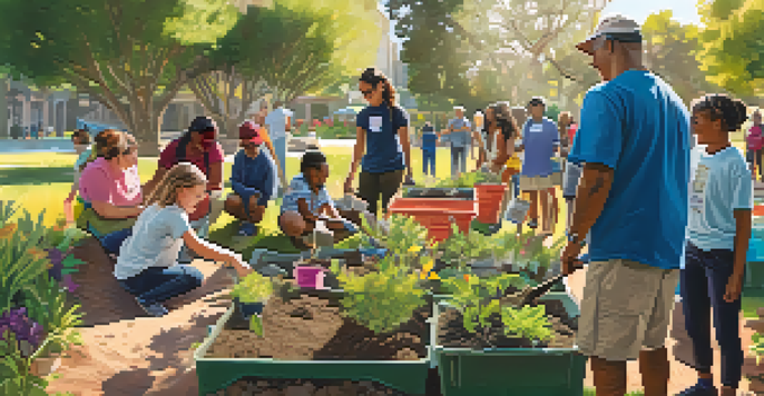 A diverse group of participants at a community workshop in San Diego, planting trees and working with compost bins in a sunny park filled with native plants.