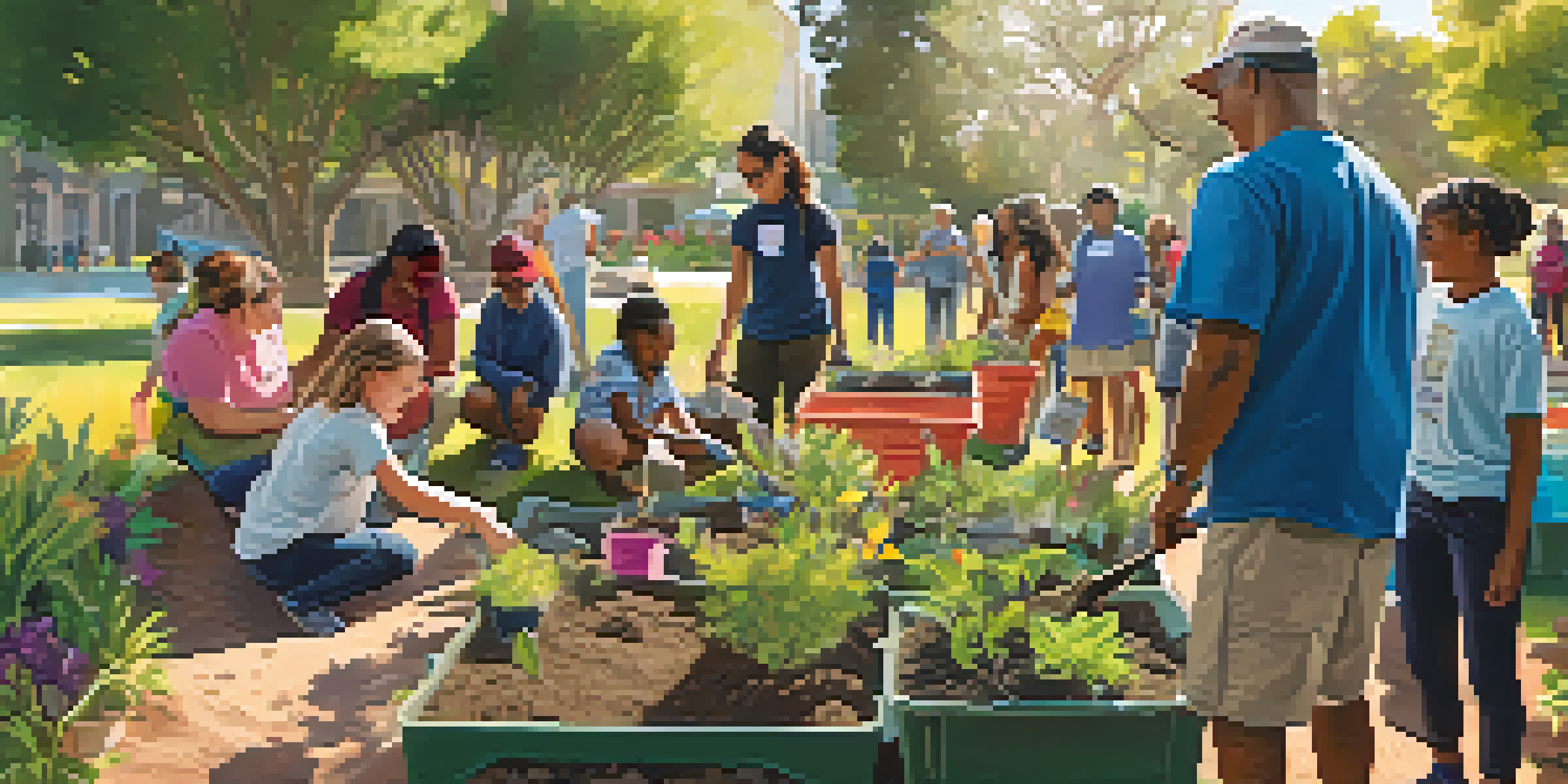A diverse group of participants at a community workshop in San Diego, planting trees and working with compost bins in a sunny park filled with native plants.