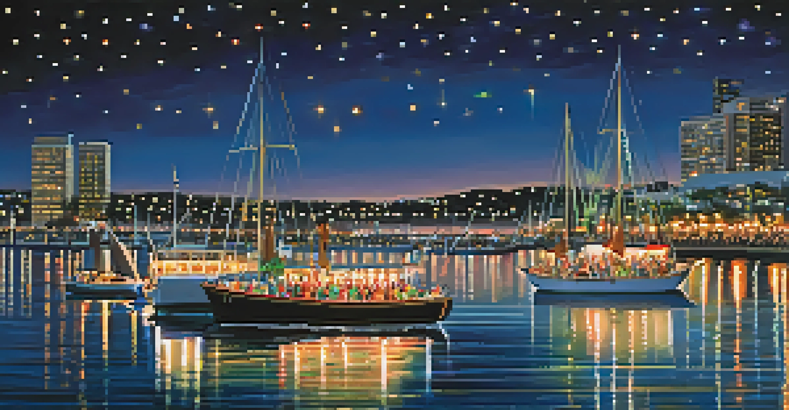 Illuminated boats sailing in San Diego Bay during the holiday parade, with people watching from the shore.