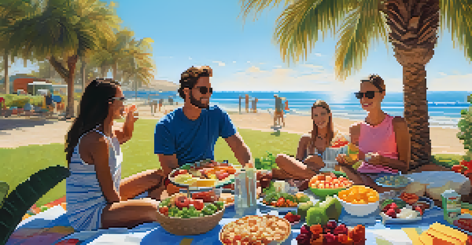 A group of friends enjoying a picnic with colorful plant-based dishes in a sunny San Diego setting.