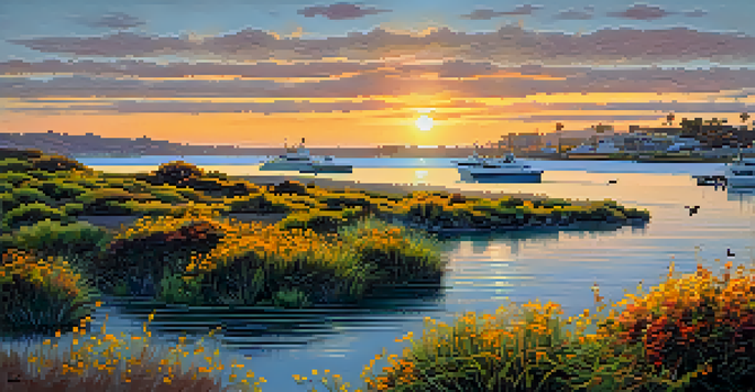 A beautiful sunset over San Diego Bay with American Robins perched on native plants, showcasing a peaceful birdwatching scene.