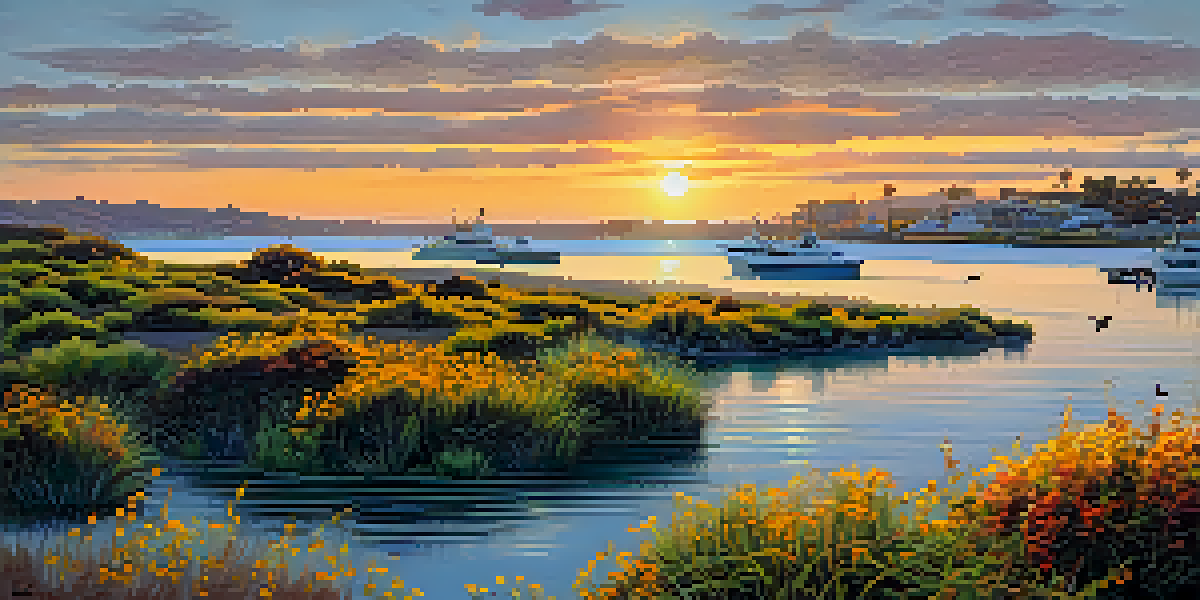 A beautiful sunset over San Diego Bay with American Robins perched on native plants, showcasing a peaceful birdwatching scene.
