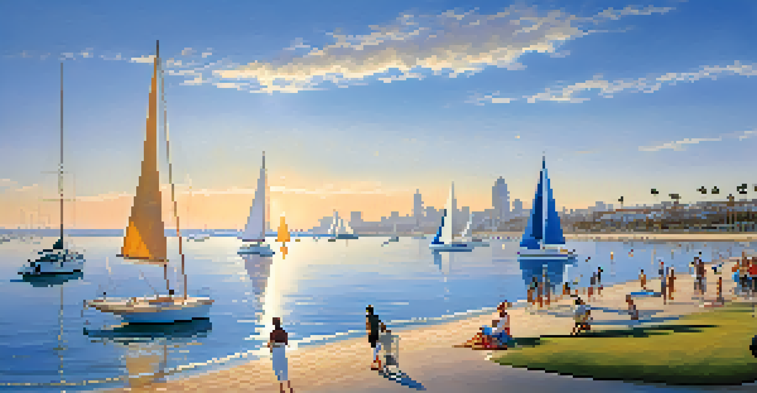 Sailboats on Coronado Island's bay with the San Diego skyline in the background, under a sunny sky.