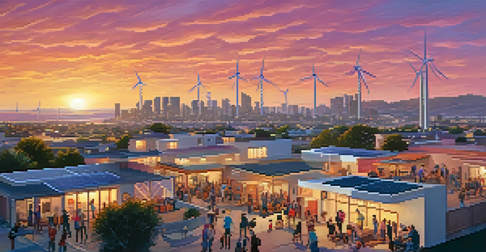 A scenic view of San Diego with solar panels and wind turbines at sunset, featuring people involved in community activities.