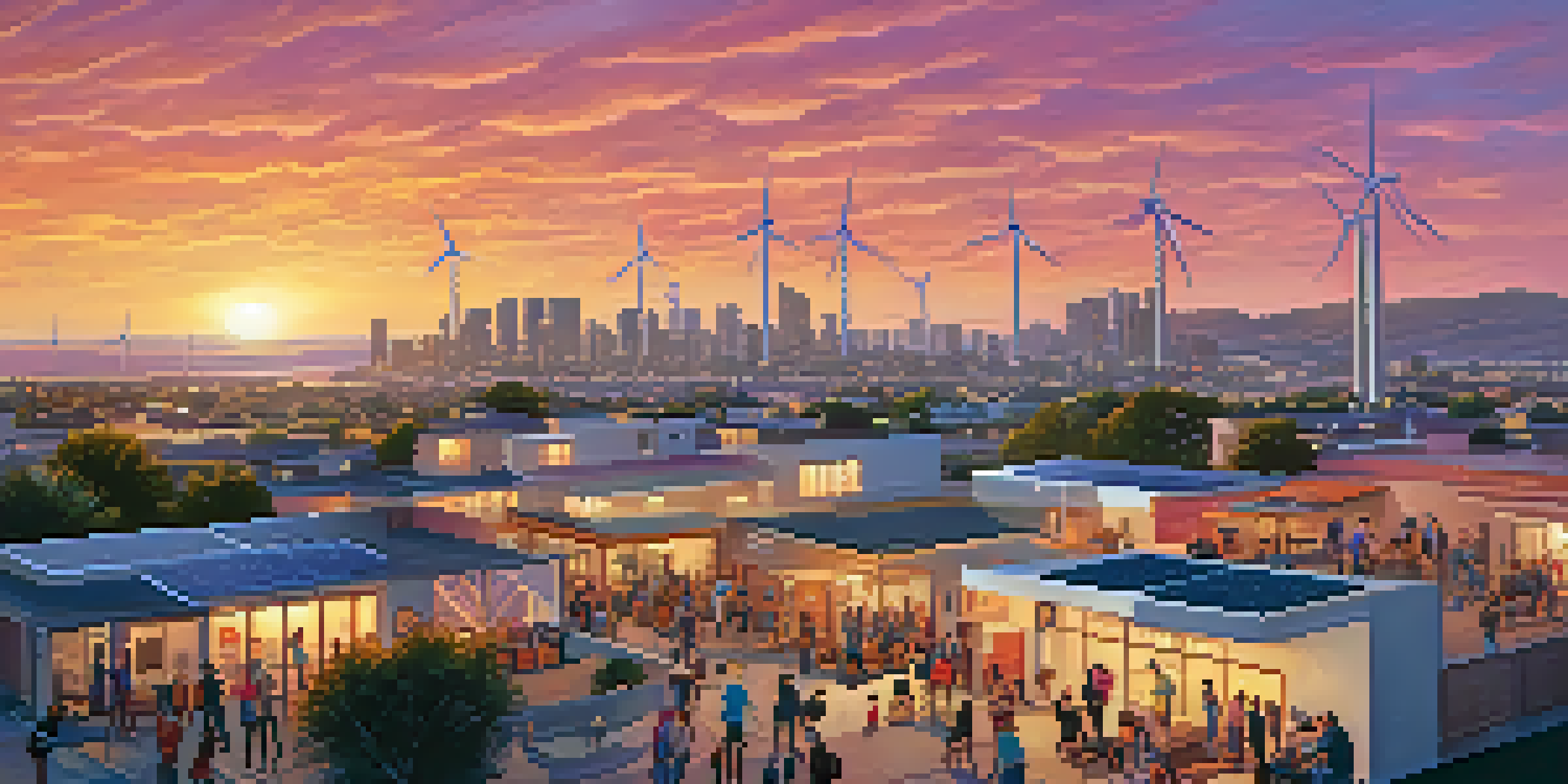 A scenic view of San Diego with solar panels and wind turbines at sunset, featuring people involved in community activities.