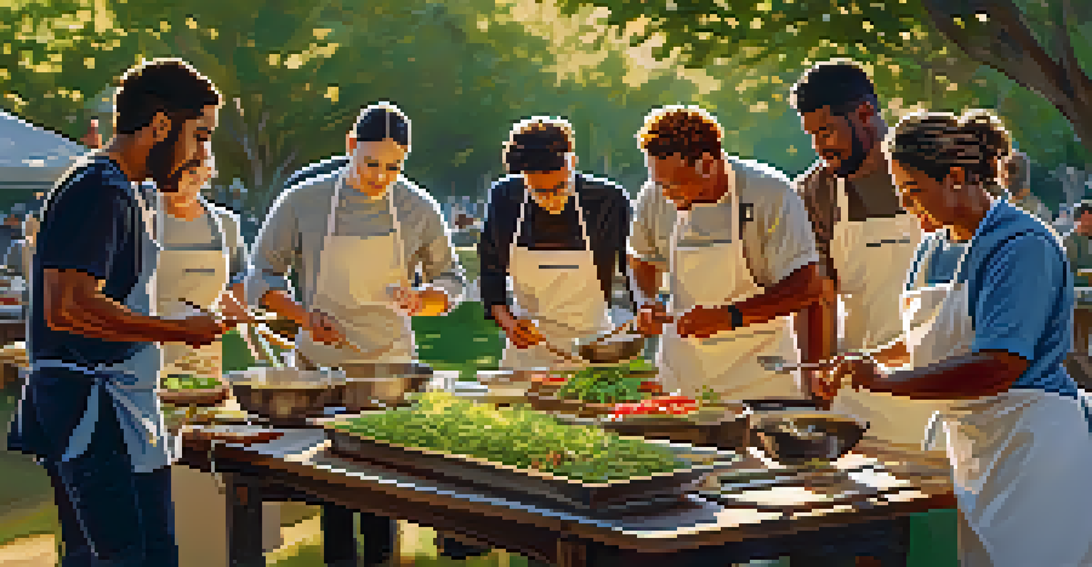 A renowned chef teaching a culinary workshop outdoors in San Diego, surrounded by aspiring chefs and fresh ingredients under warm golden hour sunlight.