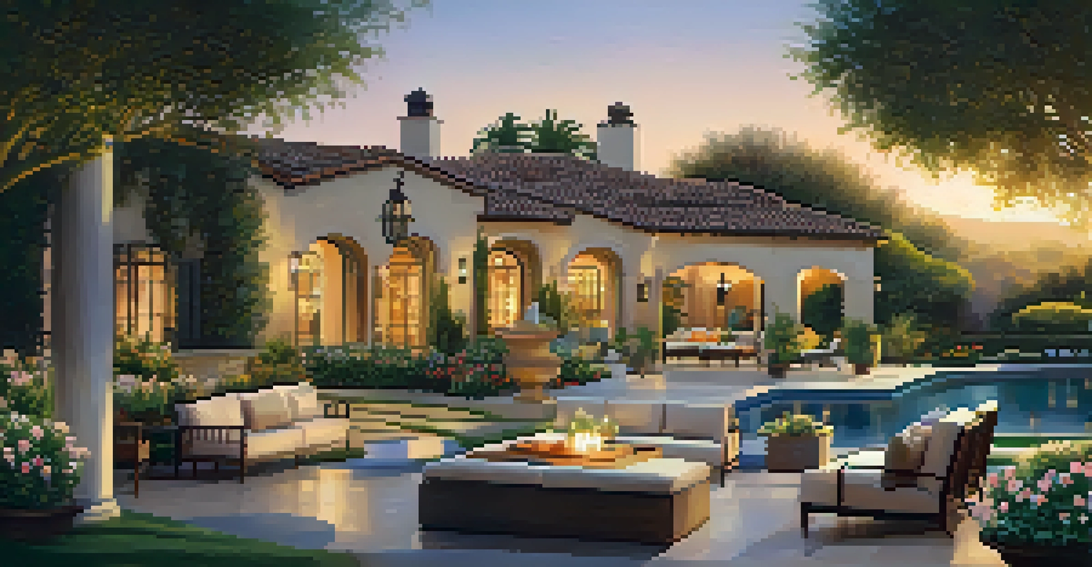 Outdoor view of a luxury home in Rancho Santa Fe with a garden and swimming pool at sunset.