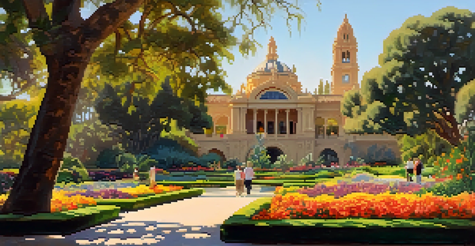 A vibrant garden in Balboa Park with flowers, trees, and visitors enjoying the scenery, under warm sunlight.