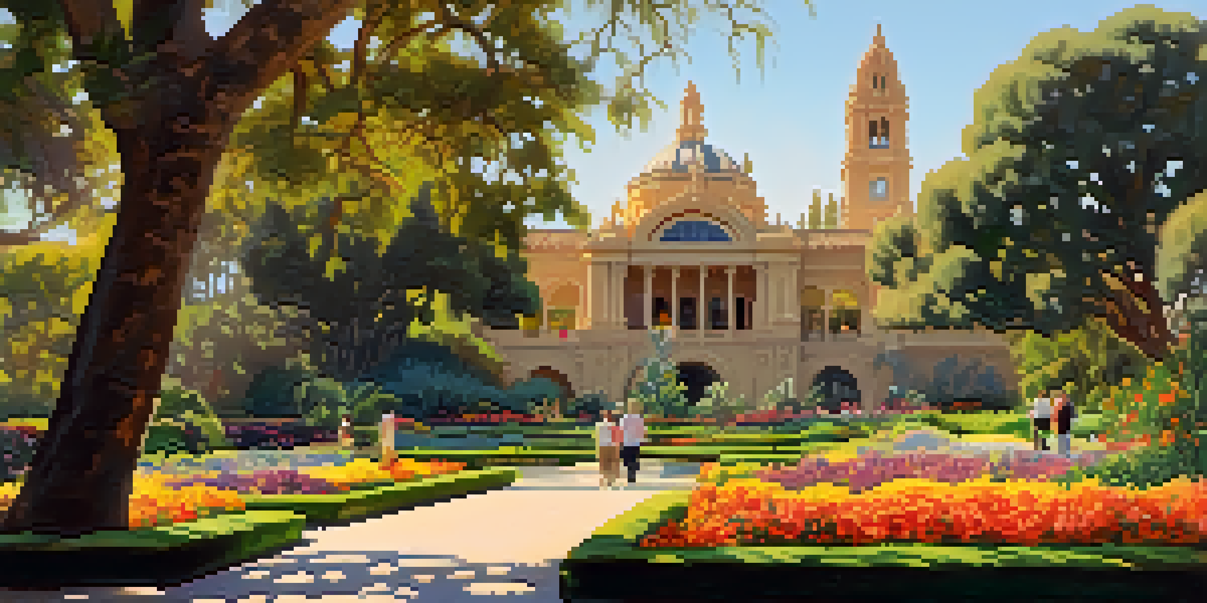 A vibrant garden in Balboa Park with flowers, trees, and visitors enjoying the scenery, under warm sunlight.