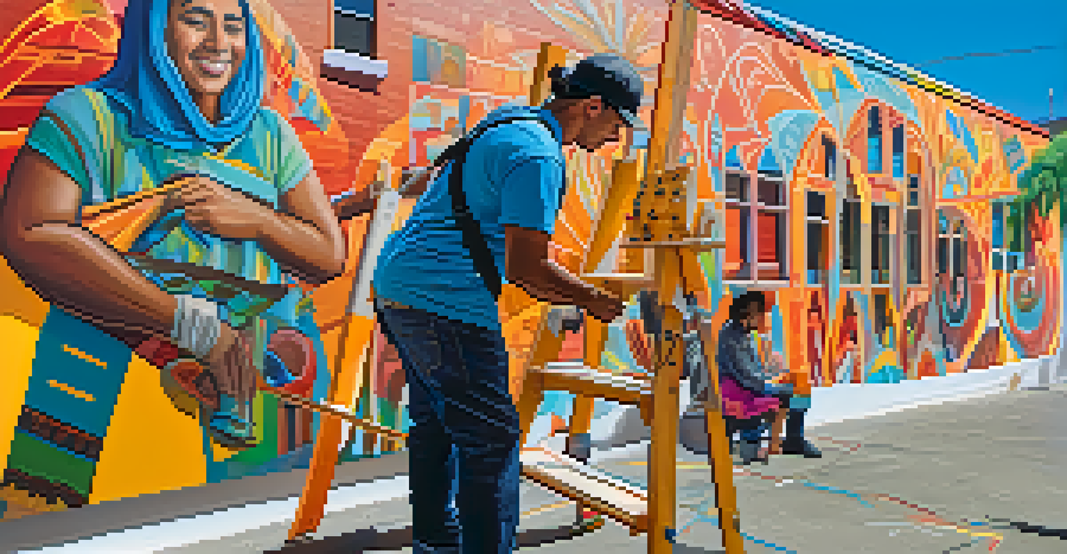 An artist painting a colorful mural on a wall with spectators watching, showcasing cultural motifs.