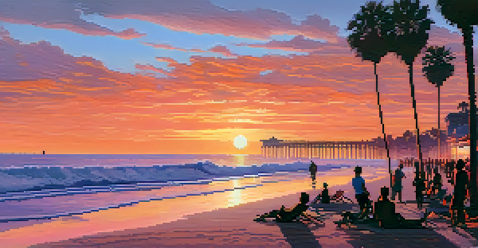 A picturesque sunset over Pacific Beach, with people relaxing on the sand and surfers in the water, framed by palm trees.