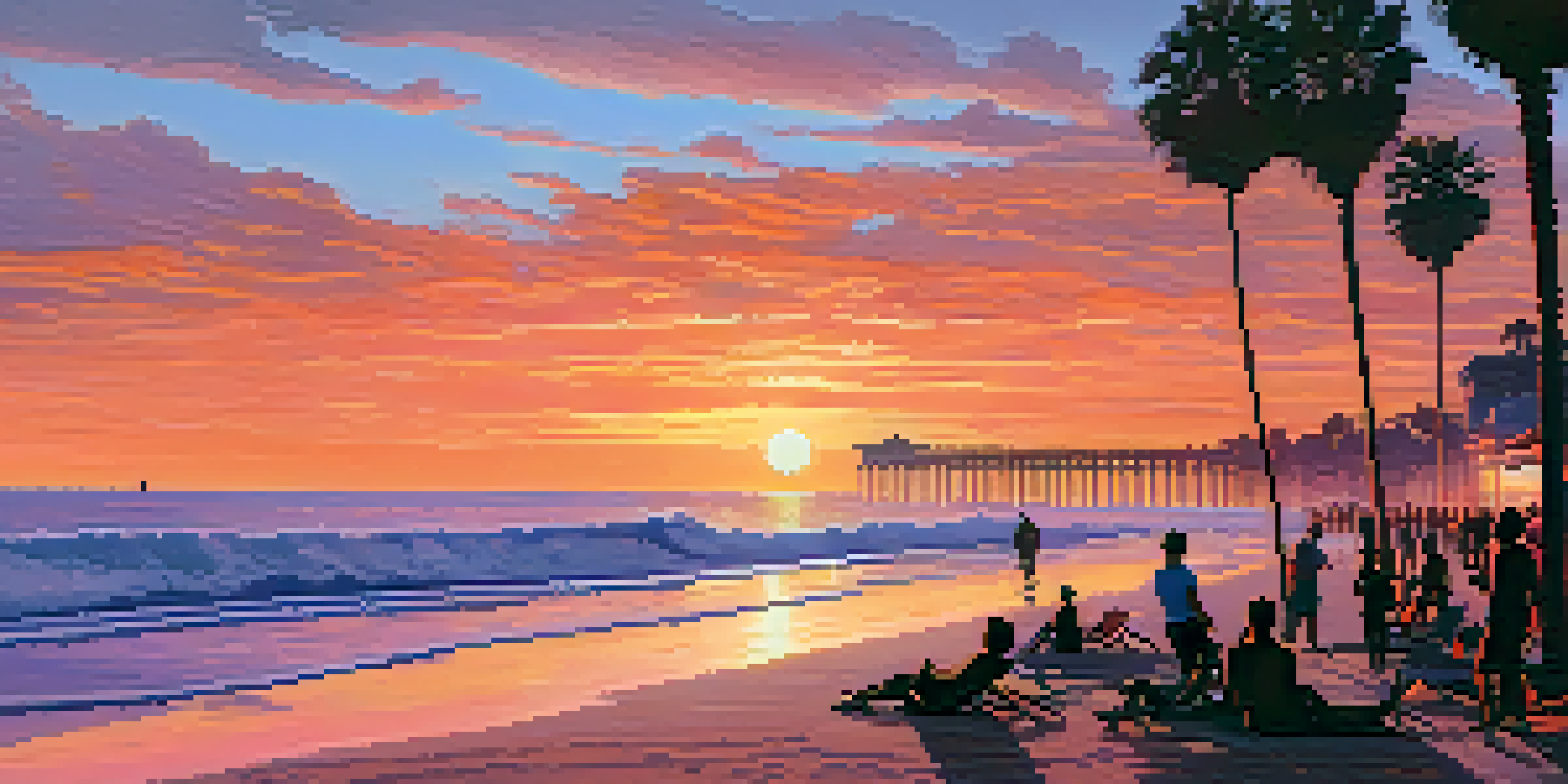 A picturesque sunset over Pacific Beach, with people relaxing on the sand and surfers in the water, framed by palm trees.