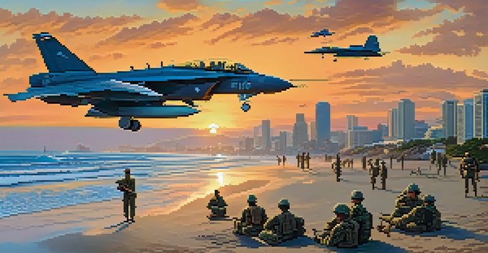 Panoramic view of San Diego coastline with Marine Corps base, military aircraft, and Marines training on the beach at sunset.