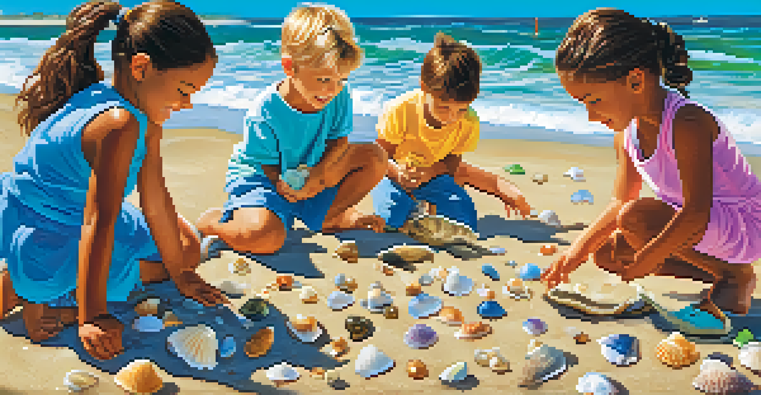 Children participating in a beach scavenger hunt collecting seashells and rocks.