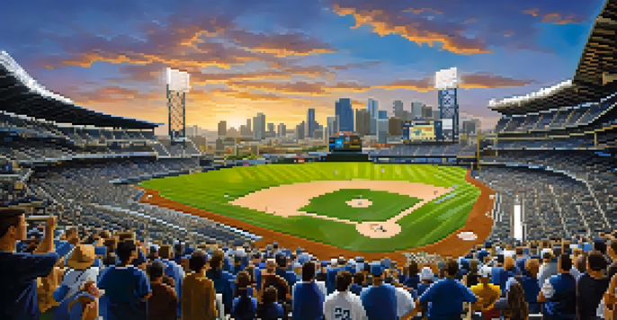 A lively baseball game at Petco Park with enthusiastic fans and the San Diego skyline in the background.