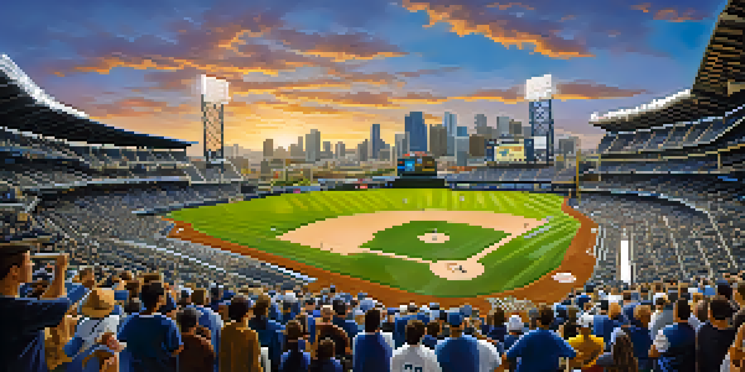 A lively baseball game at Petco Park with enthusiastic fans and the San Diego skyline in the background.
