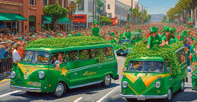 A colorful St. Patrick's Day parade in San Diego with floats and spectators in green clothing.