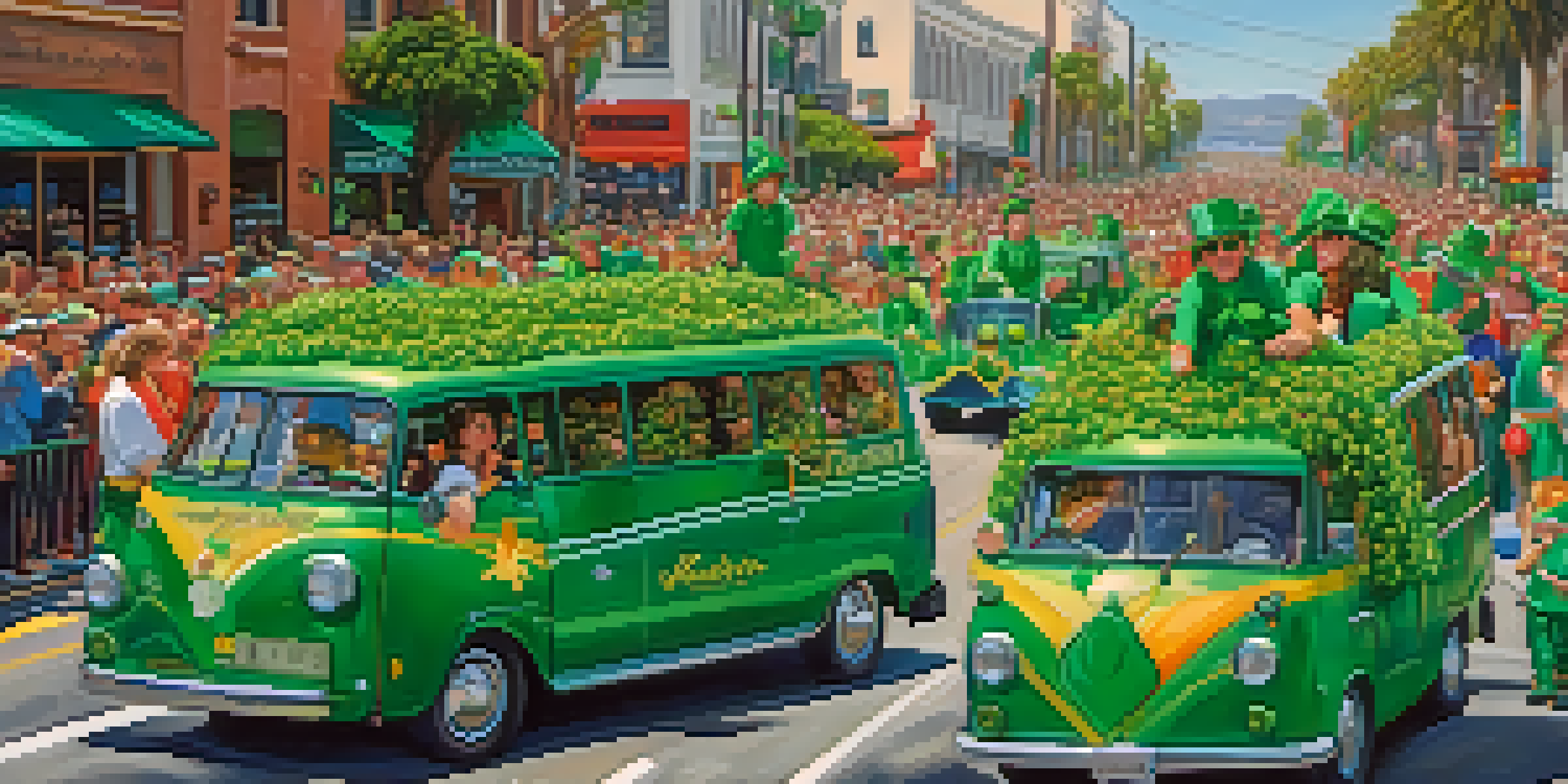 A colorful St. Patrick's Day parade in San Diego with floats and spectators in green clothing.