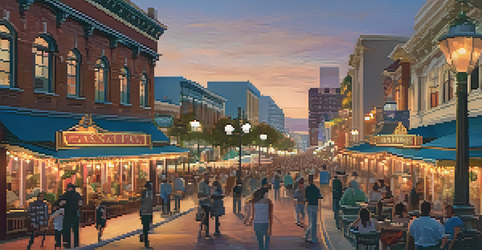 A vibrant street scene in the Gaslamp Quarter with Victorian buildings and lively outdoor dining at sunset.