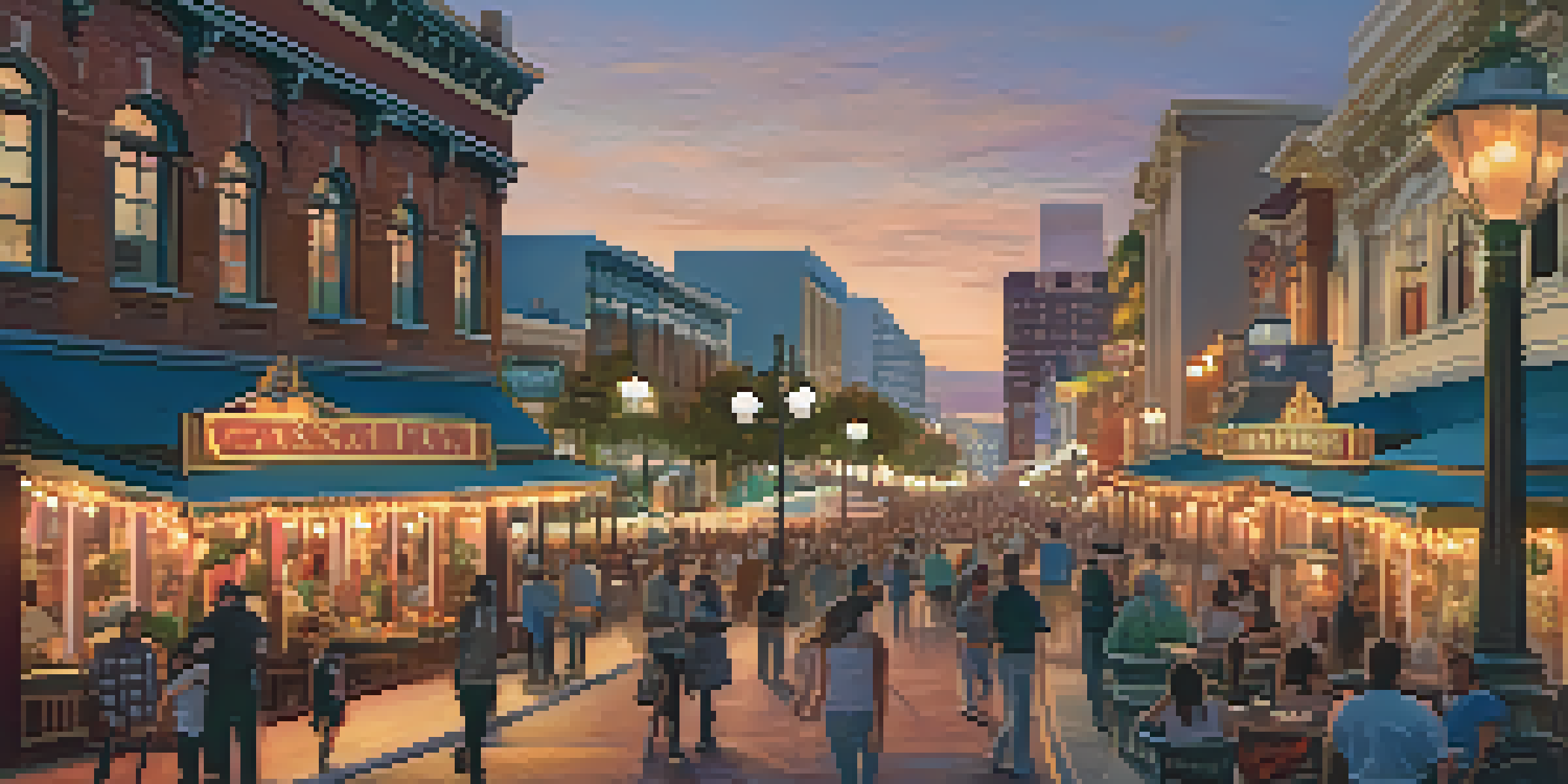 A vibrant street scene in the Gaslamp Quarter with Victorian buildings and lively outdoor dining at sunset.