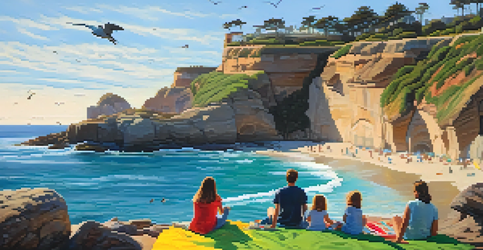 A family having a picnic at La Jolla Cove with cliffs and ocean waves in the background.