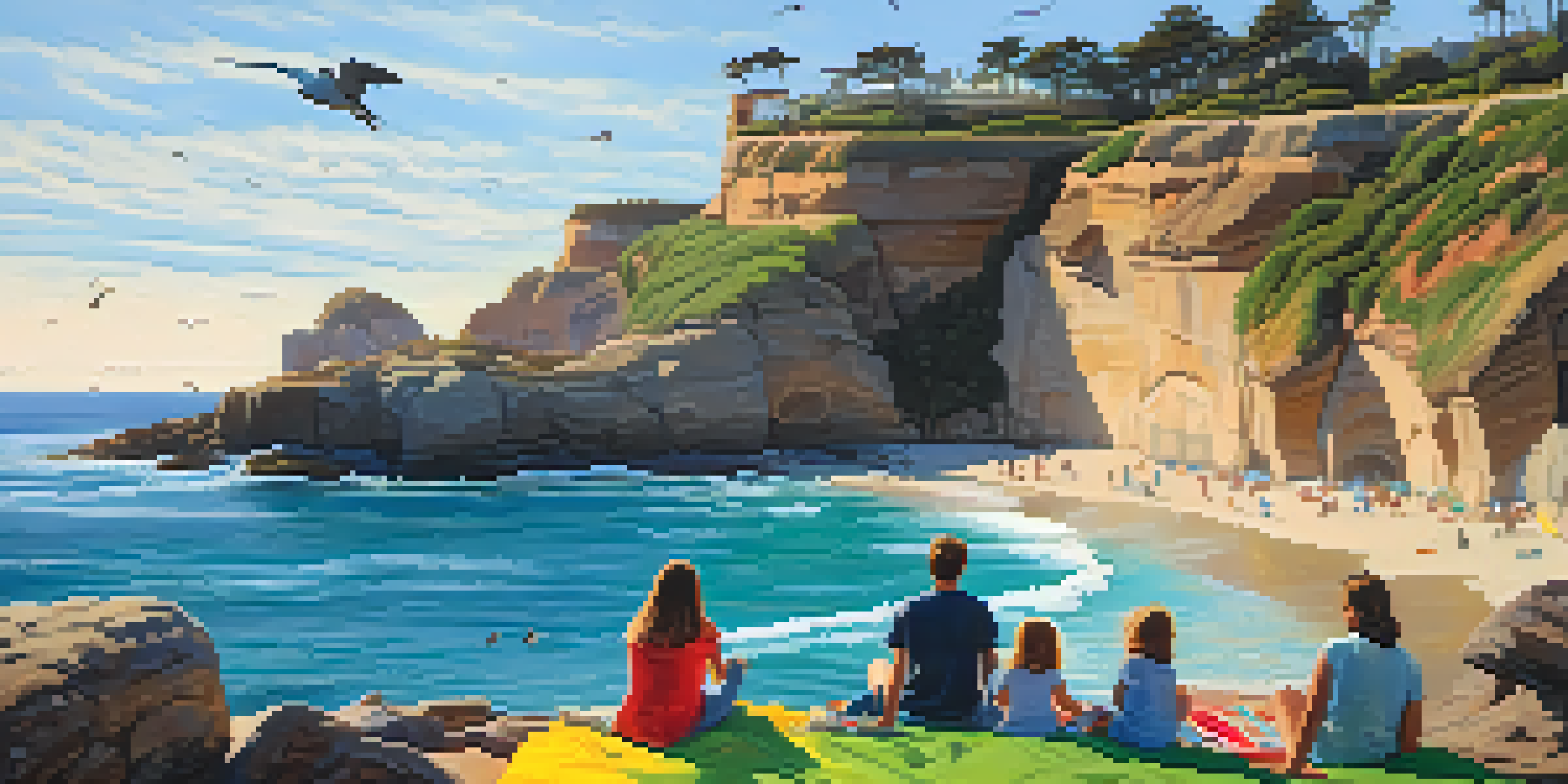 A family having a picnic at La Jolla Cove with cliffs and ocean waves in the background.