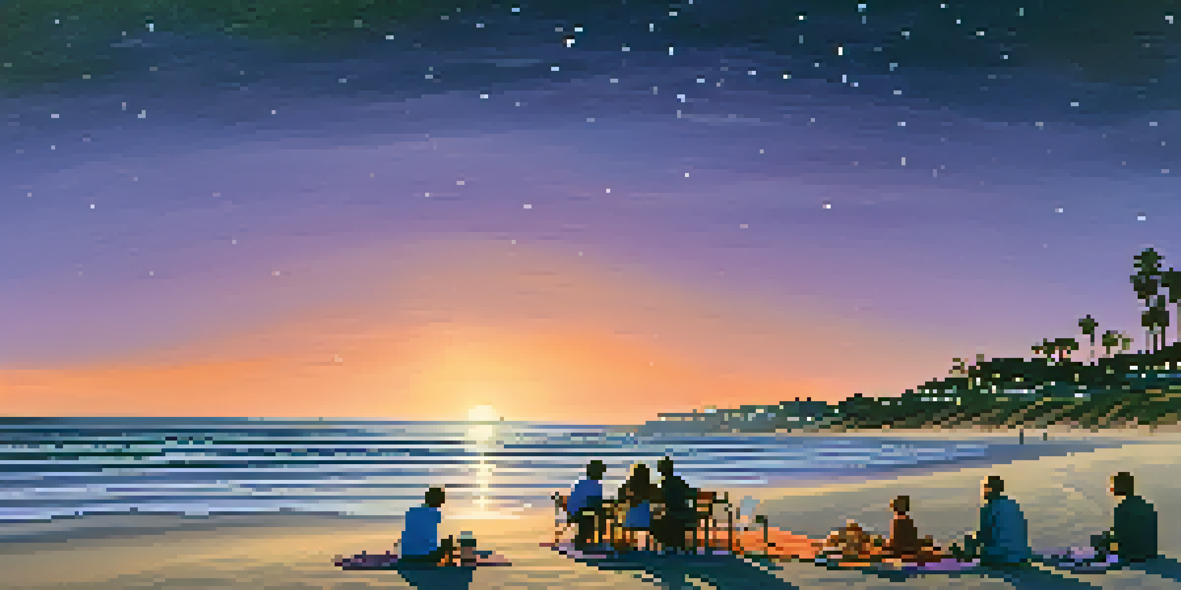 A peaceful beach scene at La Jolla Shores during sunset with families, a picnic blanket, and a telescope under a starry sky.