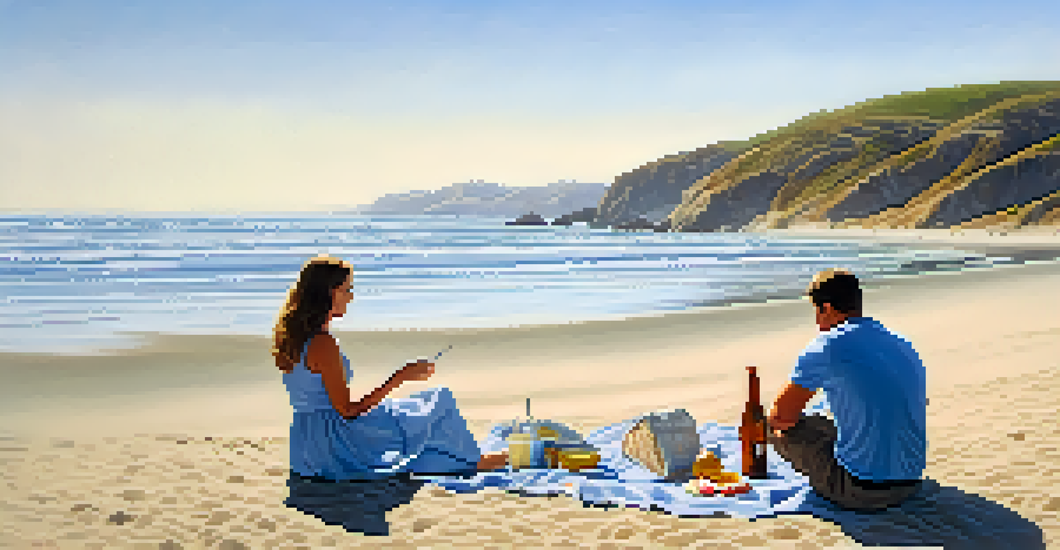 A couple having a picnic on the beach at Silver Strand State Beach, surrounded by soft sand and gentle ocean waves.