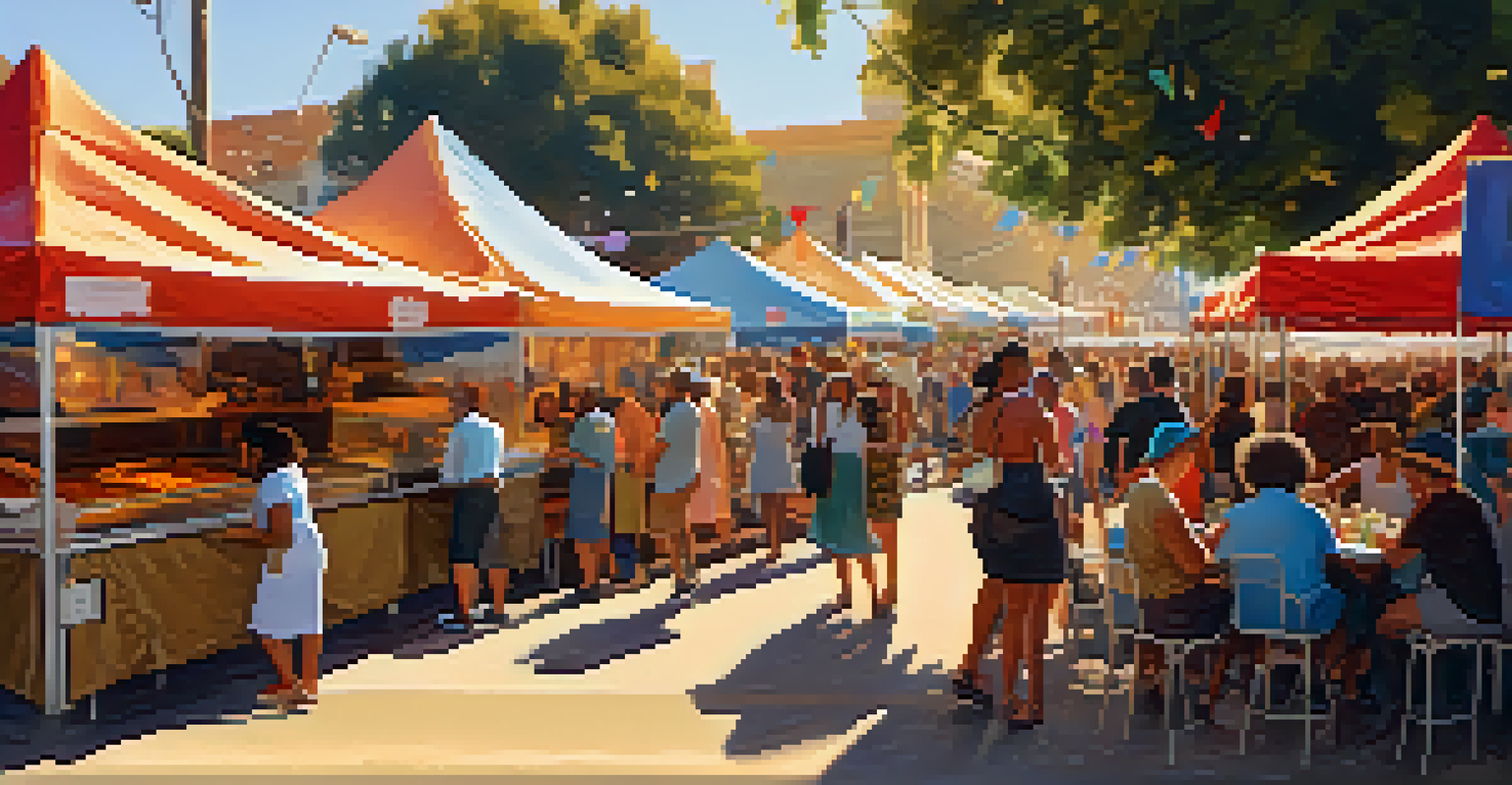 A lively outdoor food festival in San Diego with stalls serving soul food, featuring happy visitors enjoying their meals in a festive setting.