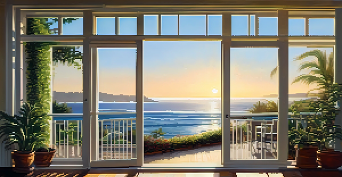 A peaceful morning view from a balcony overlooking the ocean, with a cup of coffee in the foreground and gentle waves in the background.