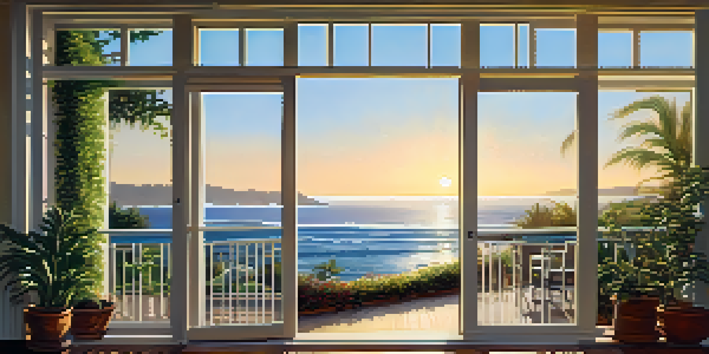 A peaceful morning view from a balcony overlooking the ocean, with a cup of coffee in the foreground and gentle waves in the background.