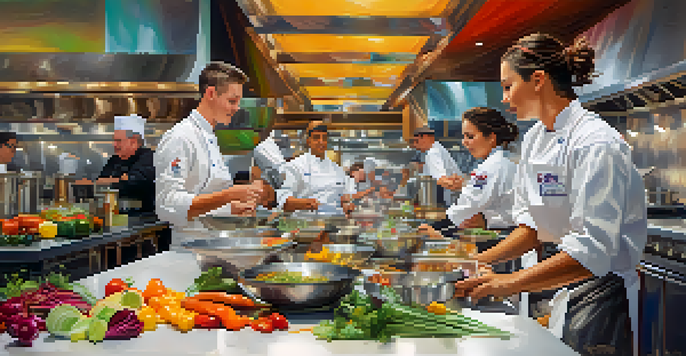 A lively culinary competition with young chefs in an open kitchen, colorful ingredients, and judges observing the preparations.