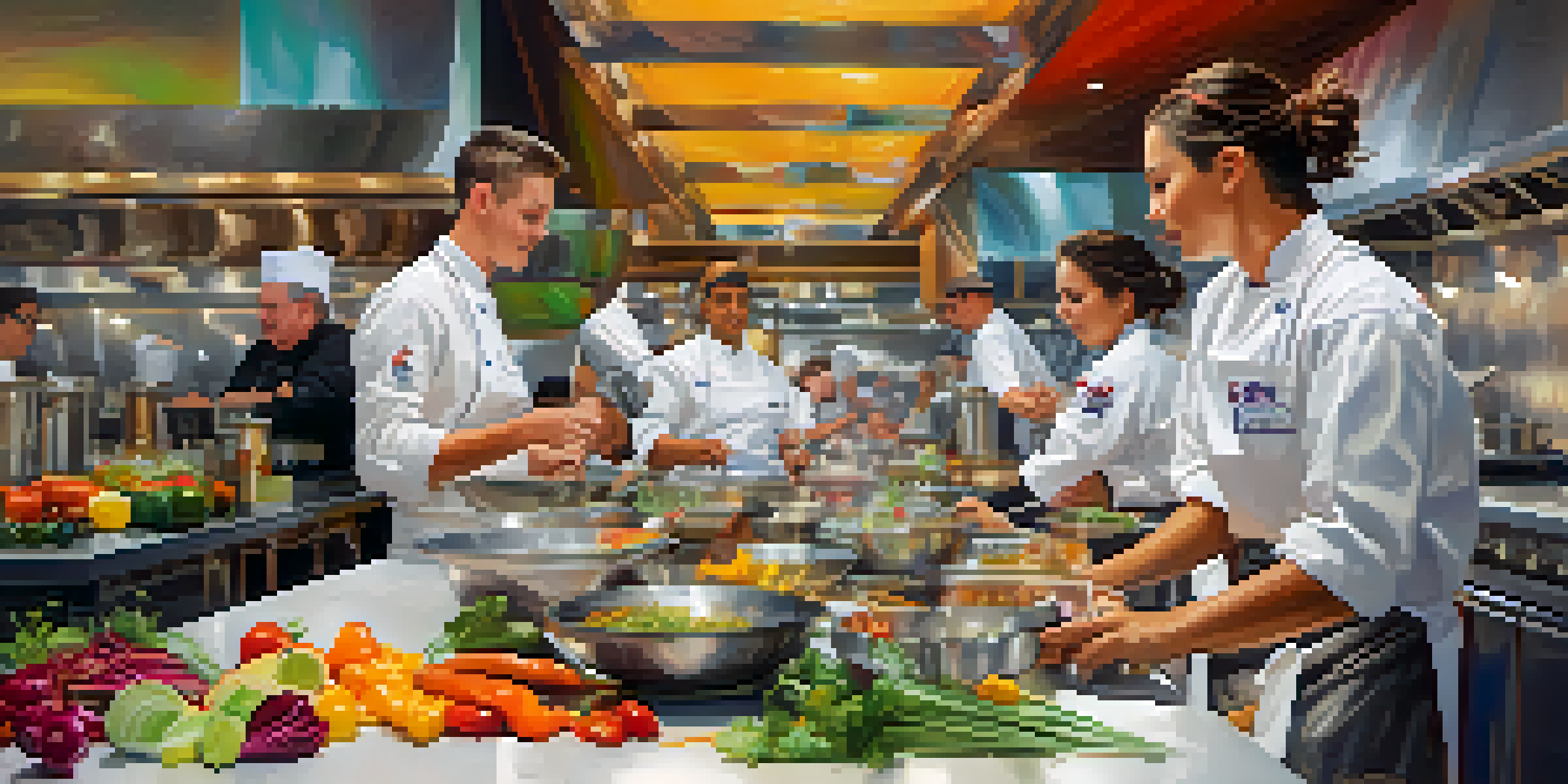 A lively culinary competition with young chefs in an open kitchen, colorful ingredients, and judges observing the preparations.