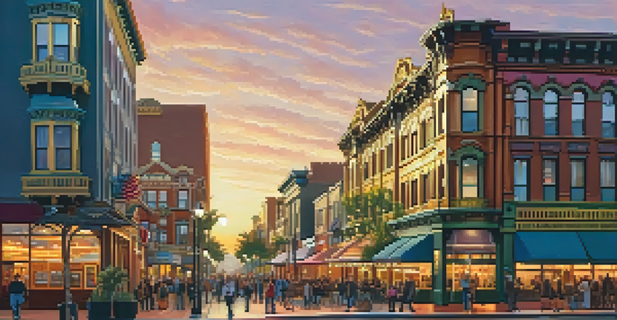 A lively street scene in San Diego's Gaslamp Quarter featuring Victorian buildings and people walking.