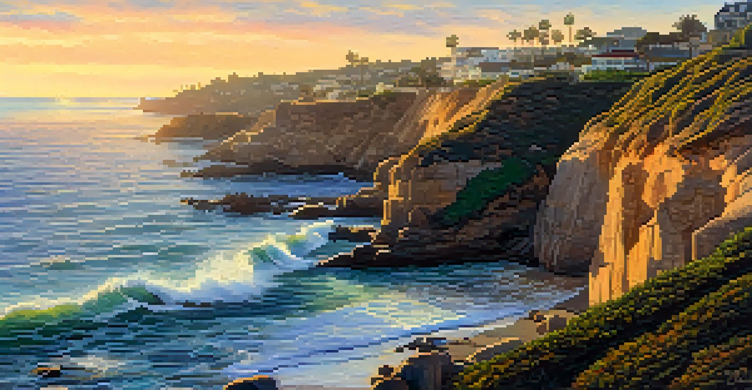 A tranquil sunrise at La Jolla Cove with ocean waves, cliffs, and sea lions.