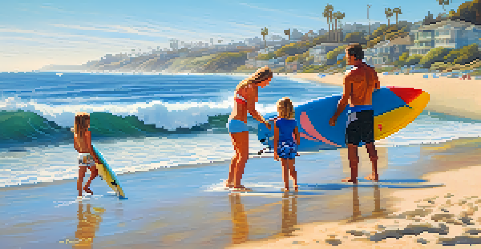 A parent teaching a child to surf on a beach in San Diego, surrounded by colorful surfboards.